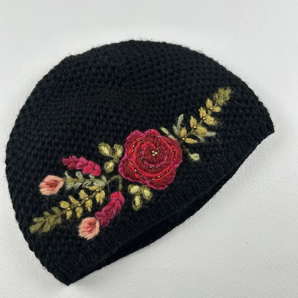 French Knot Black Wool Floral Embroidered Beanie Hat Lined One Size Women